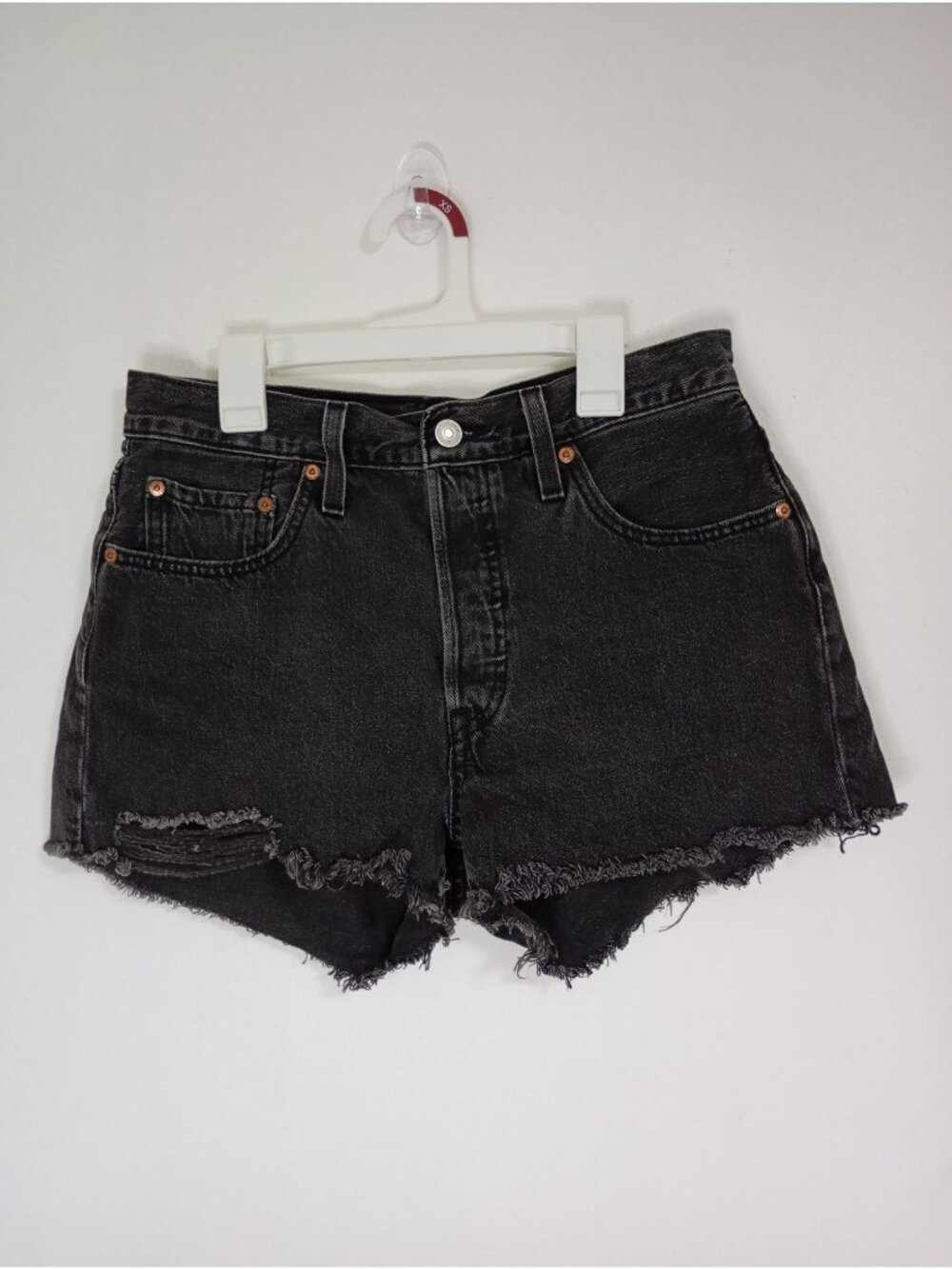 Levis 501 Black High-Waisted Distressed Denim Shorts W28 Button Fly Raw Hem